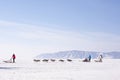 Listvyanka, Russia - January 21, 2013 : Tourist playing dog sledding in Listvyanka a small town in Irkutsk Oblast on the