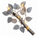 Lit Birch Branch with Silver Leaves on White Background Royalty Free Stock Photo