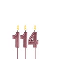 Lit birthday candle - Candle number 114 on white background Royalty Free Stock Photo