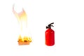 A lit box of matches and a fire extinguisher isolated on white background. Danger, fire, safety