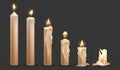 Lit candle animation. Realistic burning candles, spiritual church flame, wax wick for christmas holiday birthday or spa