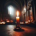 A lit candle flickering in a dim medieval chapel, emphasizing the interplay of light and shadows