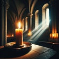 A lit candle flickering in a dim medieval chapel, emphasizing the interplay of light and shadows