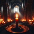 A lit candle flickering in a dim medieval chapel, emphasizing the interplay of light and shadows