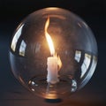 A lit candle inside a clear glass orb casts a warm orange glow Royalty Free Stock Photo