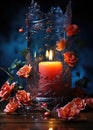 A lit candle surrounded by flowers on a table. AI. Royalty Free Stock Photo