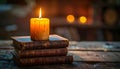 A lit candle on top of a stack of three old leatherbound books on a wooden table Royalty Free Stock Photo