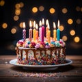 Lit candles adorn a colorful birthday cake on a wooden table