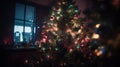 a lit christmas tree in front of a window with a view of the outside of the house through the window pane of the room