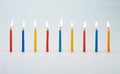 Lit colorful birthday cake candles. Background image with a birthday concept. Royalty Free Stock Photo