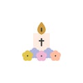 Lit Easter candle and flowers flat icon