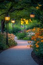 A lit garden walkway with lanterns creates a serene atmosphere. Royalty Free Stock Photo