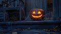 Lit Jack-o\'-Lantern with a Grin on a Creepy Porch Royalty Free Stock Photo
