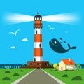 Lit Lighthouse Vector Cartoon with House