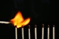 Lit match igniting others on black background. Space for text Royalty Free Stock Photo