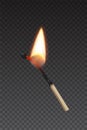 Lit match stick burning with fire flame. Wooden match, hot and glowing red isolated on transparent background. Abstract Royalty Free Stock Photo