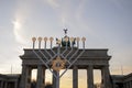 Lit menorah at Brandenburg Gate on 8th day of Hannukah in Mitte Berlin Germany