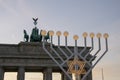 Lit menorah at Brandenburg Gate on 8th day of Hannukah in Mitte Berlin Germany