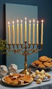 Lit menorah with candles and hanukkah treats on festive table Royalty Free Stock Photo