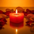 Lit Red Candle with Rose Petals Royalty Free Stock Photo