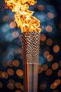 A lit torch is shown in a blurry image with a dark background Royalty Free Stock Photo