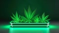 A lit up planter with marijuana leaves in it. Generative AI image.