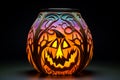 Lit up pumpkin shaped vase with carved face on it. Generative AI Royalty Free Stock Photo