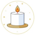Lit white cylindrical candle with a warm glowing flame on a golden saucer, set within a decorative circle with light speckles Royalty Free Stock Photo