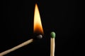 Lit and whole matches on black background Royalty Free Stock Photo