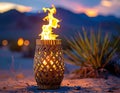 Lit woven torch with bright flames at dusk in desert landscape Royalty Free Stock Photo