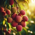 Litchi fruits on the tree in the garden at sunset