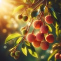 Litchi fruits on the tree in the garden at sunset.