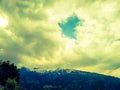 Lite yellow clouds over the snow covered mountains