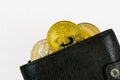 Litecoin, bitcoin and ethereum lie in black leather wallet closeup Royalty Free Stock Photo