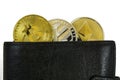 Litecoin, bitcoin and ethereum lie in black leather wallet closeup Royalty Free Stock Photo