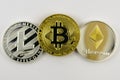 Litecoin, bitcoin and etherium closeup Royalty Free Stock Photo