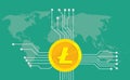 Litecoin cryptocurrency brand icon option with golden coin and electronic point with world map background Royalty Free Stock Photo