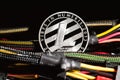 Litecoin cryptocurrency coin with computer wires Royalty Free Stock Photo