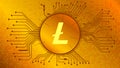 Litecoin cryptocurrency token symbol, LTC coin icon in circle with pcb on gold background.