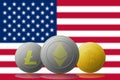 Litecoin Ethereum Bitcoin cryptocurrency with USA flag on background Royalty Free Stock Photo