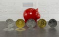 Different virtual coins with red money pig