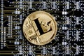 Litecoin gold coin representing cryptocurrencies, against a computer circuit background Royalty Free Stock Photo