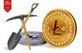 Litecoin mining concept. 3D isometric Physical bit coin with pickaxe and shovel. Digital currency. Cryptocurrency. Golden and silv