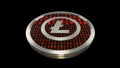Litecoin symbol, close up view of silver cryptocurrency coin with binary code on black background, bottom view, 3D rendering Royalty Free Stock Photo