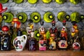 A collection of different alcoholic beverages bottles on the shelf in the cellar Royalty Free Stock Photo