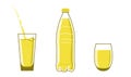 1.5, 2 liter bottle, plastic water flask. Filled with yellow liquid. Full glasses stand nearby. Water is poured into one cup