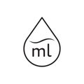 liter icon, drop liquid, fluid volume l and ml, capacity water, thin line web symbol on white background