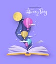 Literacy Day open book papercut hot air balloon