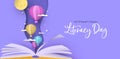 Literacy Day open book papercut hot air balloon Royalty Free Stock Photo