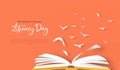 Literacy day papercut card open book birds flying